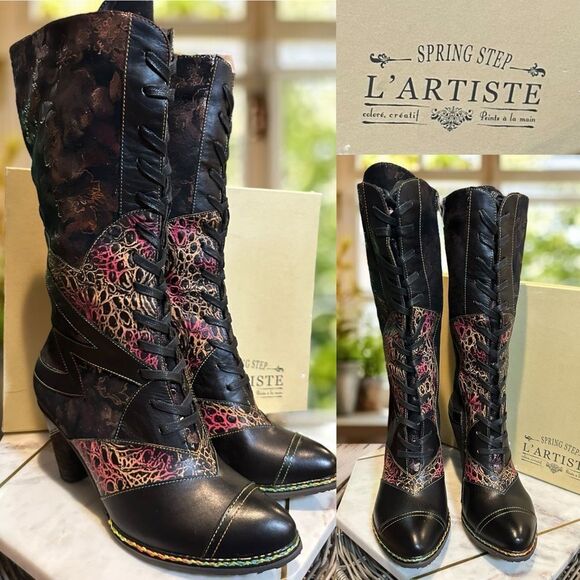 L’ARTISTE Spring Step Hand Painted Leather Lace-Up Boots Malagie Croco EU 42 - Picture 1 of 16